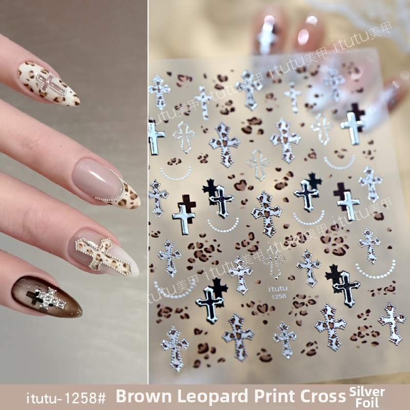Itutu Autocolante pentru unghii cu imprimeu leopard, Cruce în relief, Efect bronzat