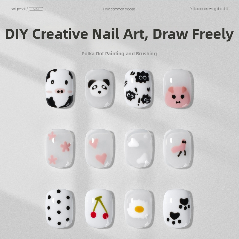 Penă de unghii pentru buline — cinci în unu, tip apăsat, capete multiple