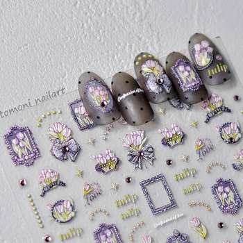 Abțibilduri pentru unghii cu motiv de lalea în relief și strălucire cristalină, stil drăguț vintage