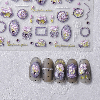 Abțibilduri pentru unghii cu motiv de lalea în relief și strălucire cristalină, stil drăguț vintage