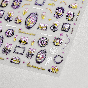 Abțibilduri pentru unghii cu motiv de lalea în relief și strălucire cristalină, stil drăguț vintage