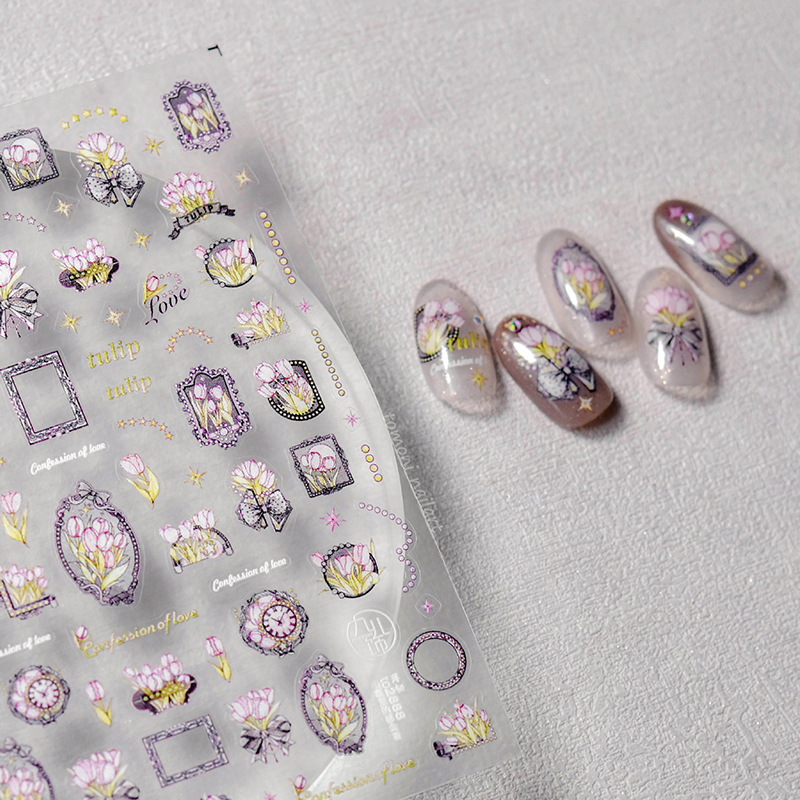 Abțibilduri pentru unghii cu motiv de lalea în relief și strălucire cristalină, stil drăguț vintage