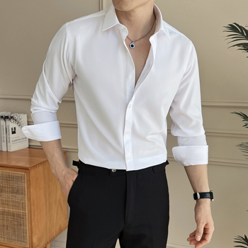Cămașă bărbați slim-fit, mâneci lungi, pentru afaceri, guler ascuțit, țesătură poliester cu luciu fin, toamnă 2025