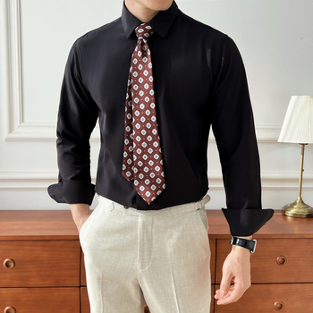 Cămașă bărbați slim-fit, mâneci lungi, pentru afaceri, guler ascuțit, țesătură poliester cu luciu fin, toamnă 2025