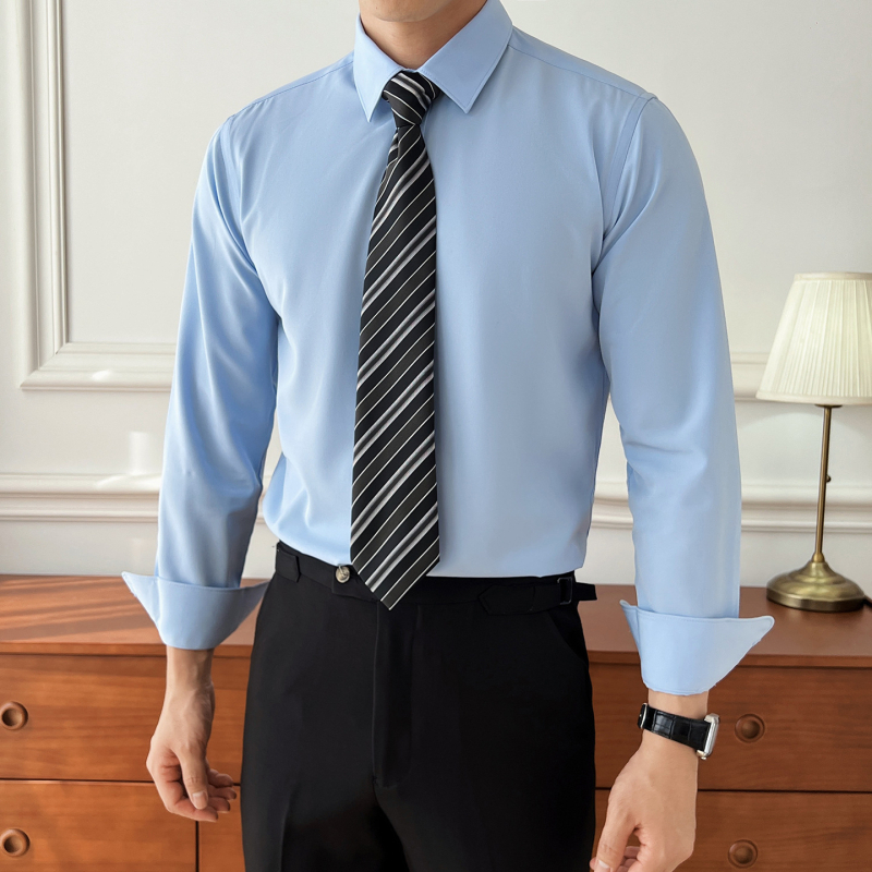 Cămașă bărbați slim-fit, mâneci lungi, pentru afaceri, guler ascuțit, țesătură poliester cu luciu fin, toamnă 2025