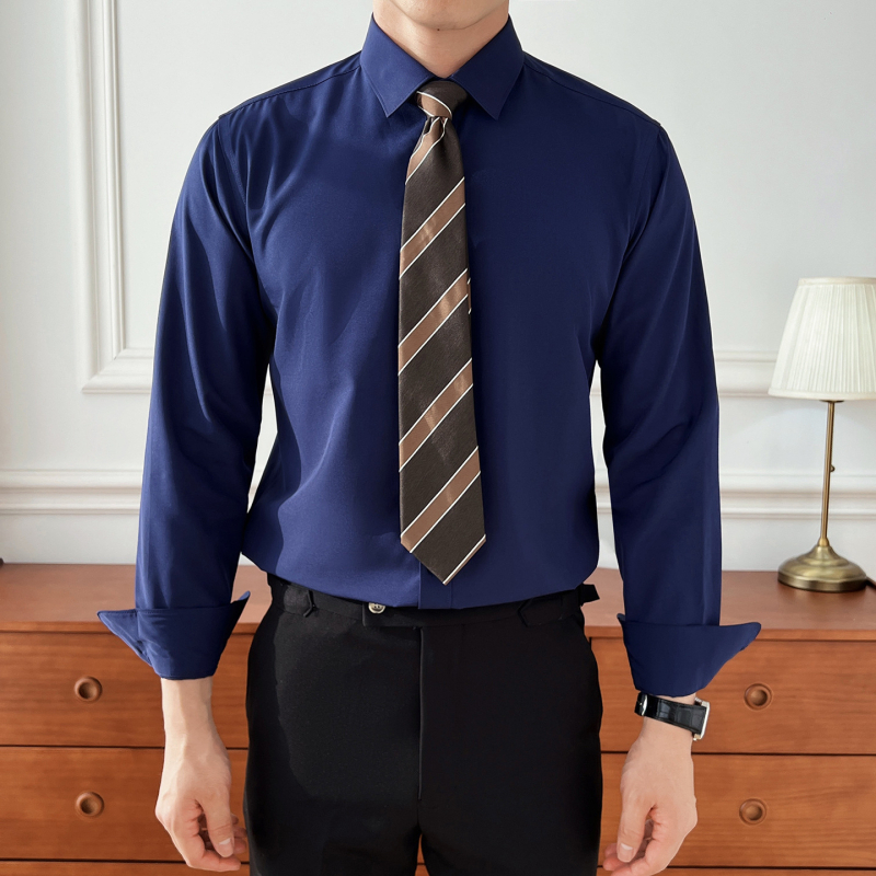 Cămașă bărbați slim-fit, mâneci lungi, pentru afaceri, guler ascuțit, țesătură poliester cu luciu fin, toamnă 2025