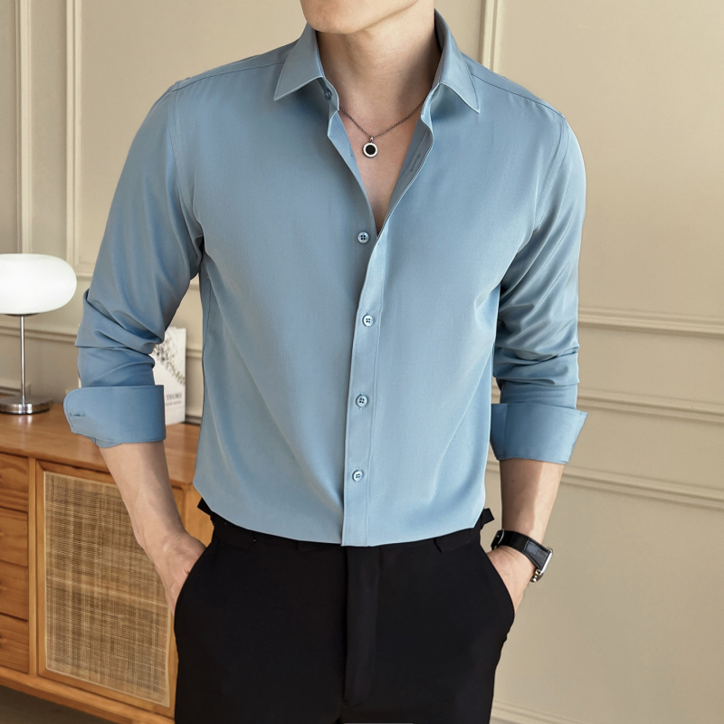 Cămașă bărbați slim-fit, mâneci lungi, pentru afaceri, guler ascuțit, țesătură poliester cu luciu fin, toamnă 2025