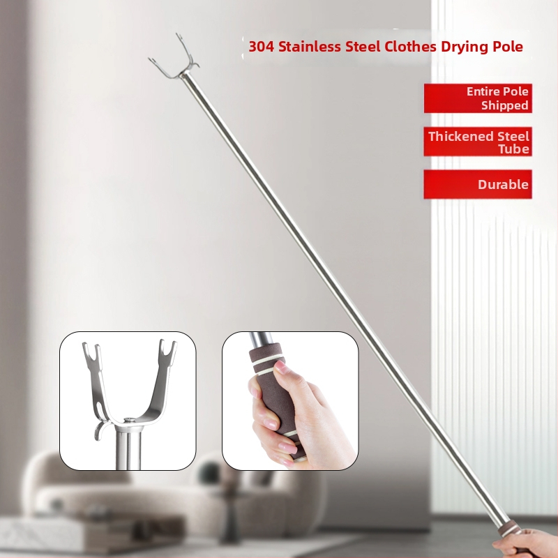 Tijă de uscat haine din oțel inoxidabil cu furcă integrată, extensibilă pentru balcon, stil minimalist modern
