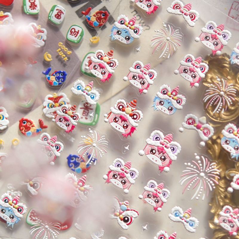 Tomoni Nailart 3D Stickere pentru unghii – Design festiv în stil chinezesc, Leul care se trezește în Anul Calului
