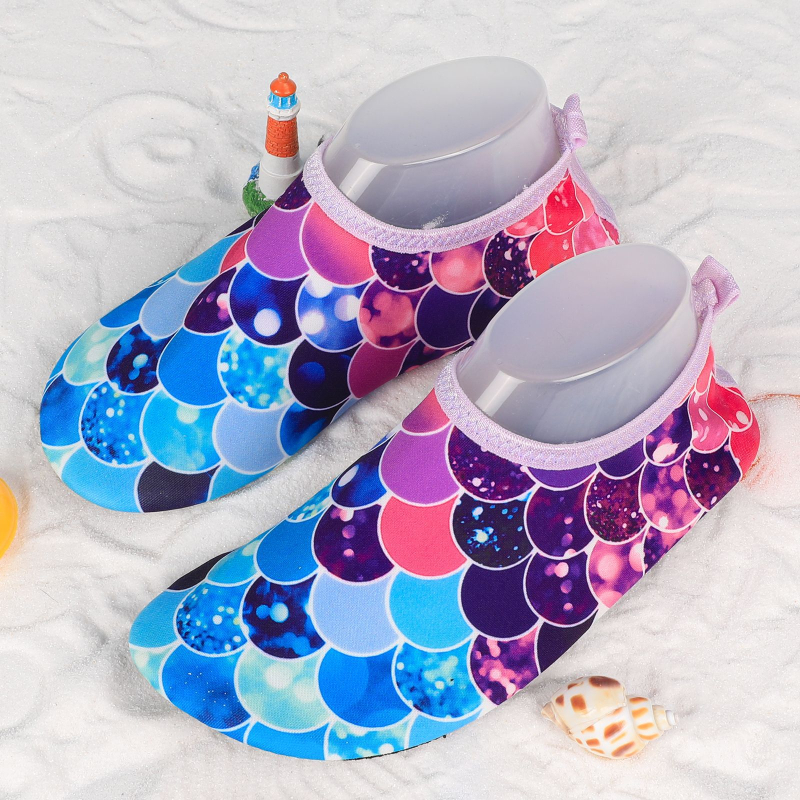 Pantofi de apă pentru copii pentru drumeții în râu, talpă antiaderentă, uscare rapidă, partea superioară imprimată, talpă PVC, profil redus