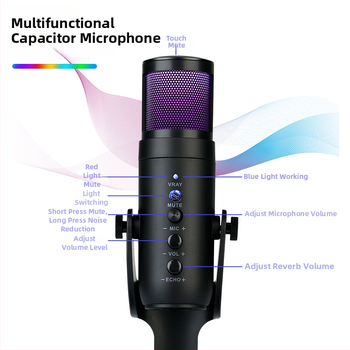 USB kondenzatorski mikrofon MU900pro Colorful Edition – kardioidno snimanje, raspon frekvencija 60 Hz–15 kHz, SNR ≥ 75 dB, napajanje 5V
