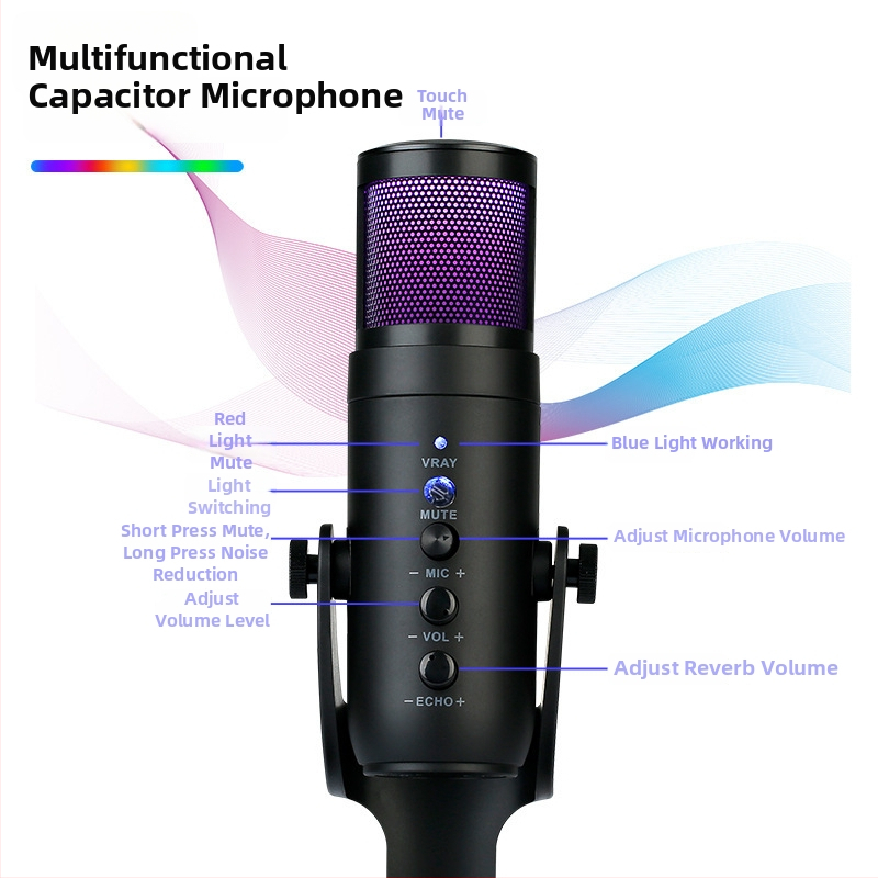 USB kondenzatorski mikrofon MU900pro Colorful Edition – kardioidno snimanje, raspon frekvencija 60 Hz–15 kHz, SNR ≥ 75 dB, napajanje 5V