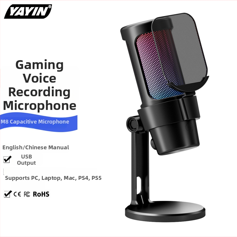 M8 USB gaming mikrofon s RGB osvjetljenjem, kondenzatorski mikrofon za PC i mobilne uređaje, live streaming
