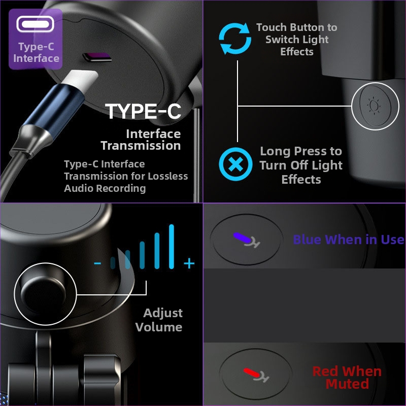 M8 USB gaming mikrofon s RGB osvjetljenjem, kondenzatorski mikrofon za PC i mobilne uređaje, live streaming
