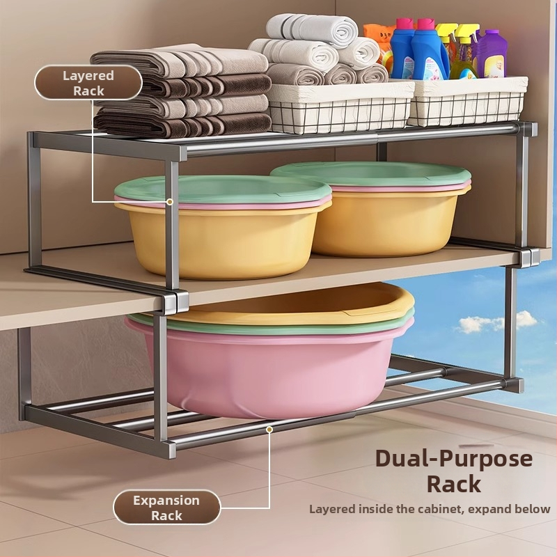 Raft de depozitare sub chiuvetă pentru baie, organizator stratificat, montaj fără găuri, Space aluminiu, stil modern