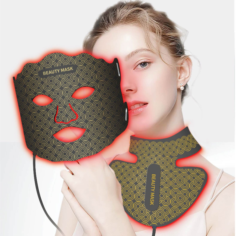 Arcmaszkészülék bőrfiatalításra és színes fényterápiára; hordozható, IPX3 vízálló, beépített akkumulátor nélküli.