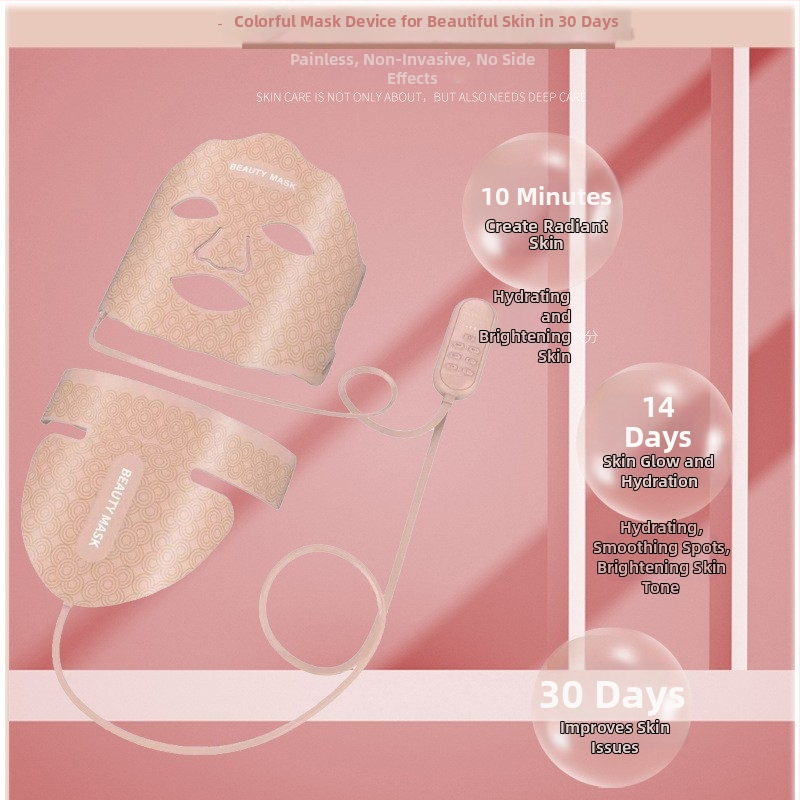 Arcmaszkészülék bőrfiatalításra és színes fényterápiára; hordozható, IPX3 vízálló, beépített akkumulátor nélküli.