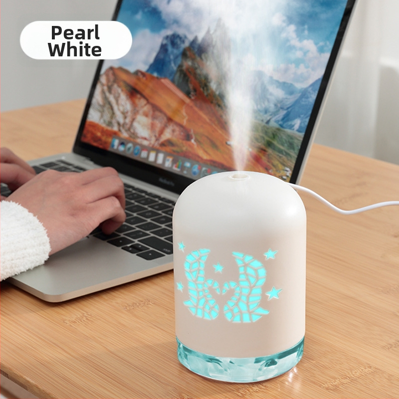Mini USB zvlhčovač s LED svetlom, okrúhly dizajn, nádrž 0,5 l, 1 výstup hmly, USB napájanie, časovač 8+ hodín, tichý chod