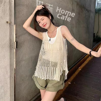 Top din tricot croșetat pentru femei, fără mâneci, din bumbac, croială lejeră, guler rotund, lungime medie