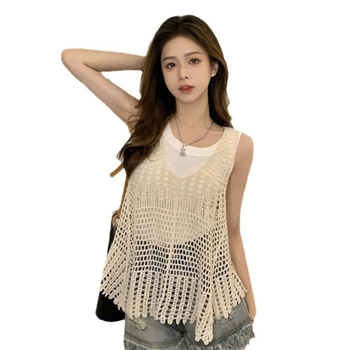 Top din tricot croșetat pentru femei, fără mâneci, din bumbac, croială lejeră, guler rotund, lungime medie