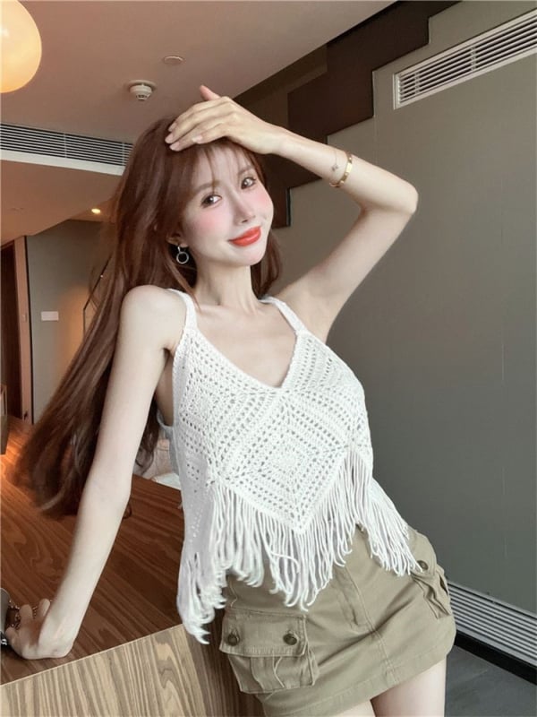 Top din tricot croșetat pentru femei, fără mâneci, din bumbac, croială lejeră, guler rotund, lungime medie