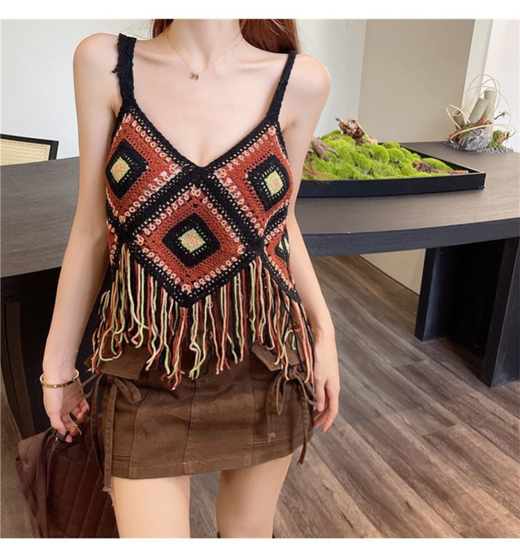 Top din tricot croșetat pentru femei, fără mâneci, din bumbac, croială lejeră, guler rotund, lungime medie