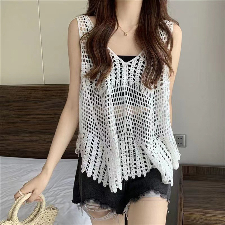 Top din tricot croșetat pentru femei, fără mâneci, din bumbac, croială lejeră, guler rotund, lungime medie