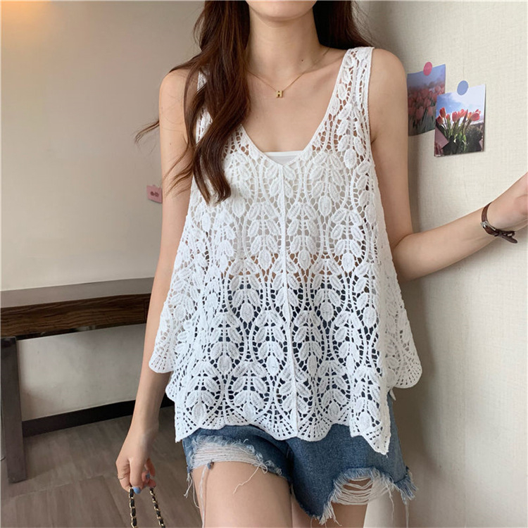 Top din tricot croșetat pentru femei, fără mâneci, din bumbac, croială lejeră, guler rotund, lungime medie