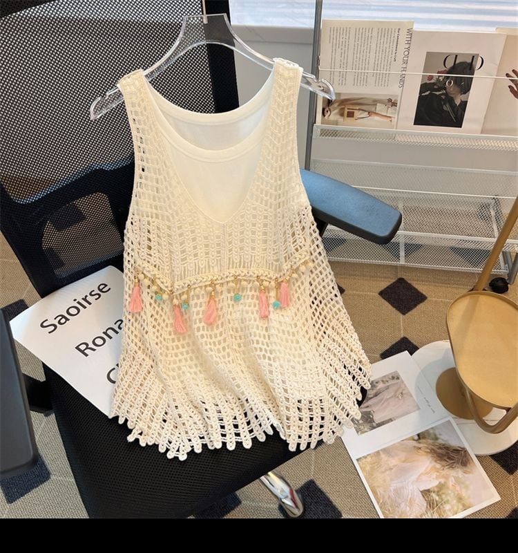 Top din tricot croșetat pentru femei, fără mâneci, din bumbac, croială lejeră, guler rotund, lungime medie