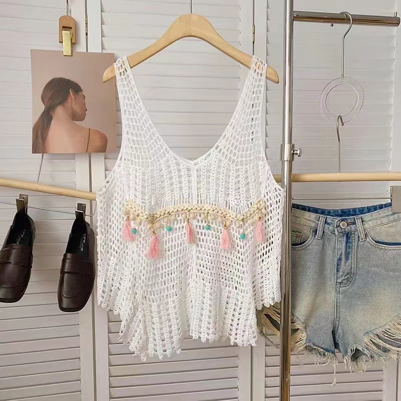 Top din tricot croșetat pentru femei, fără mâneci, din bumbac, croială lejeră, guler rotund, lungime medie