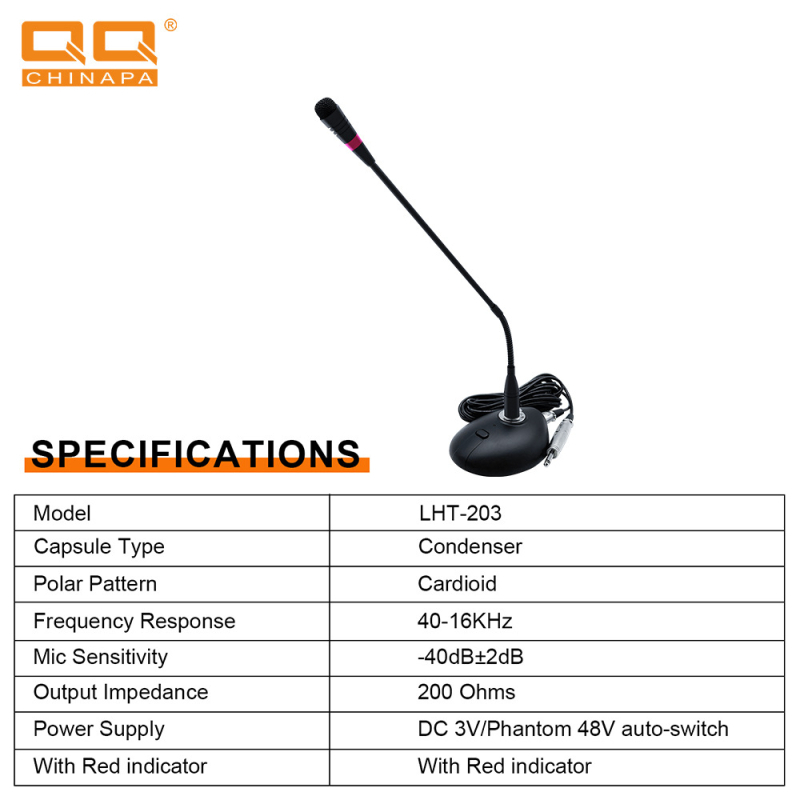 Gooseneck konferencia kondenzátor mikrofon — 40 Hz–16 kHz, érzékenység -40 dB ±2 dB, 48V tápegység