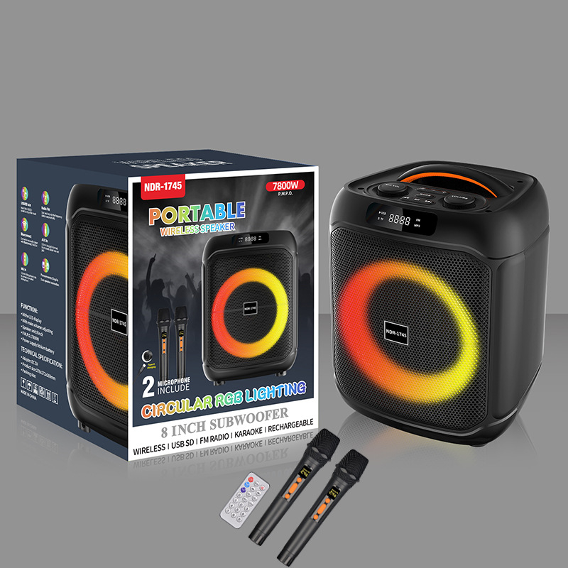 NDR-1745 Boxă portabilă pentru karaoke acasă, cu subwoofer și două microfoane fără fir, Bluetooth 5.0, 20W, 100Hz-20kHz, SNR ≥95dB, baterie încorporată