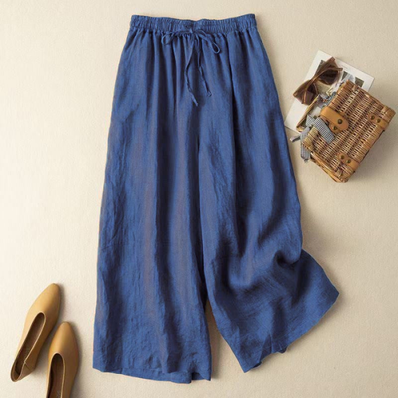 Pamut-len széles lábú nadrág — középmagas derék, laza szabás, vékony anyag