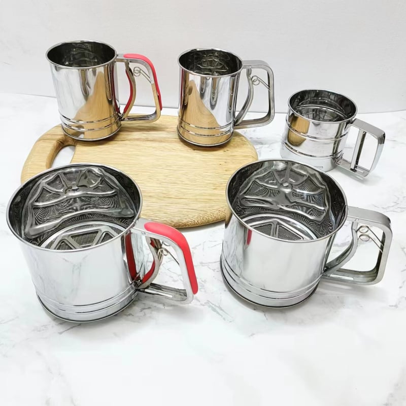 Rozsdamentes acélból készült kézi lisztszita, háromrészes, félautomata, sütéshez