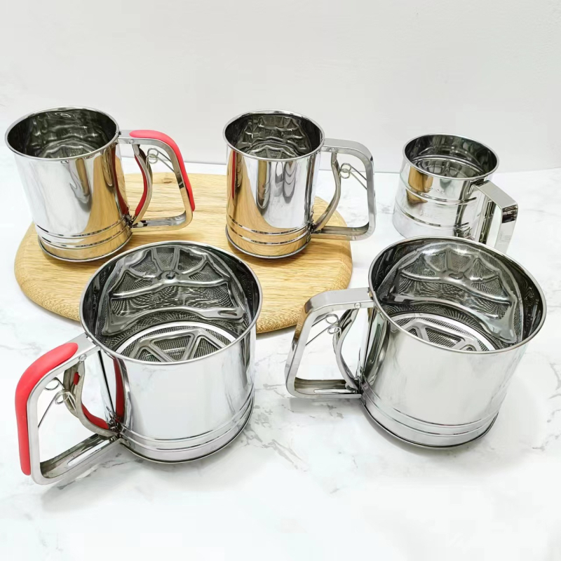 Rozsdamentes acélból készült kézi lisztszita, háromrészes, félautomata, sütéshez