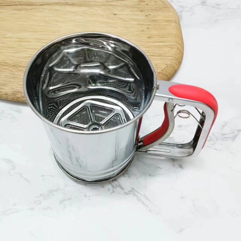 Rozsdamentes acélból készült kézi lisztszita, háromrészes, félautomata, sütéshez