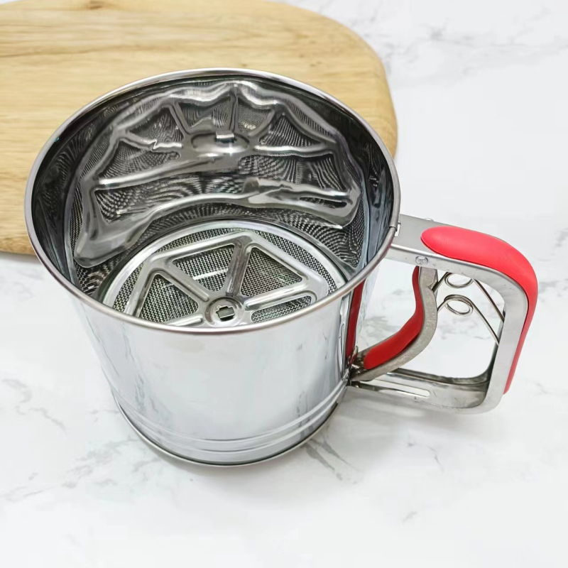 Rozsdamentes acélból készült kézi lisztszita, háromrészes, félautomata, sütéshez