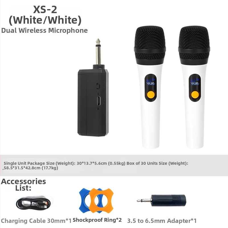 Bezdrôtový mikrofón XS-2, dvojitý ručný pre KTV, nabíjateľný, rozsah 40 Hz-20 kHz, SNR ≥85 dB, vstavaná batéria 500-800 mAh, výdrž 1-3 h