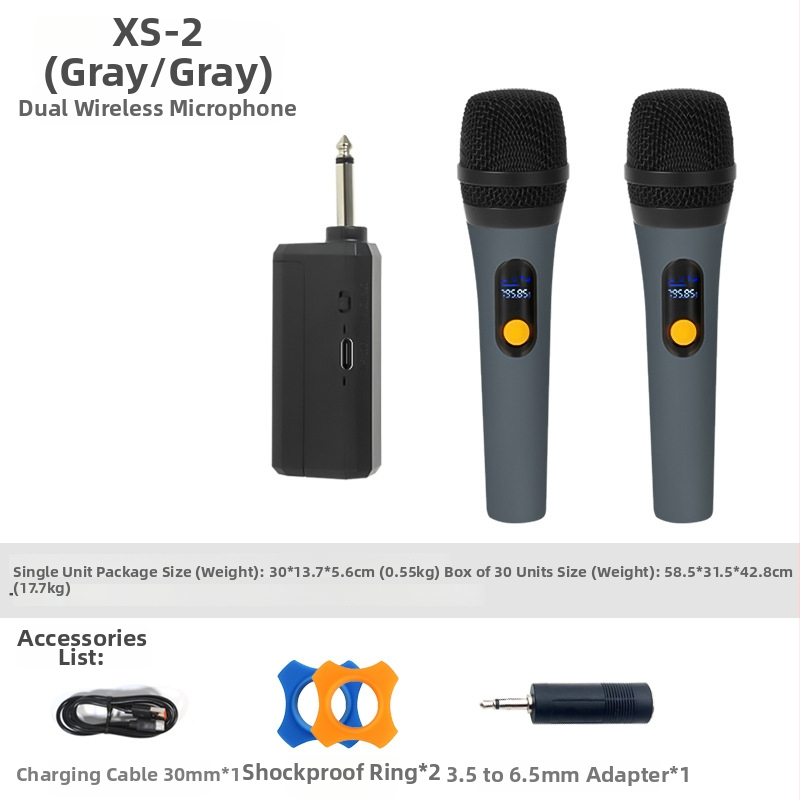 Bezdrôtový mikrofón XS-2, dvojitý ručný pre KTV, nabíjateľný, rozsah 40 Hz-20 kHz, SNR ≥85 dB, vstavaná batéria 500-800 mAh, výdrž 1-3 h
