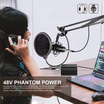 Kondenzatorski mikrofon s velikom membranom, napajanje 48V phantom, USB sučelje, kompatibilan sa zvučnom kartom, hiper-kardioidni obrazac