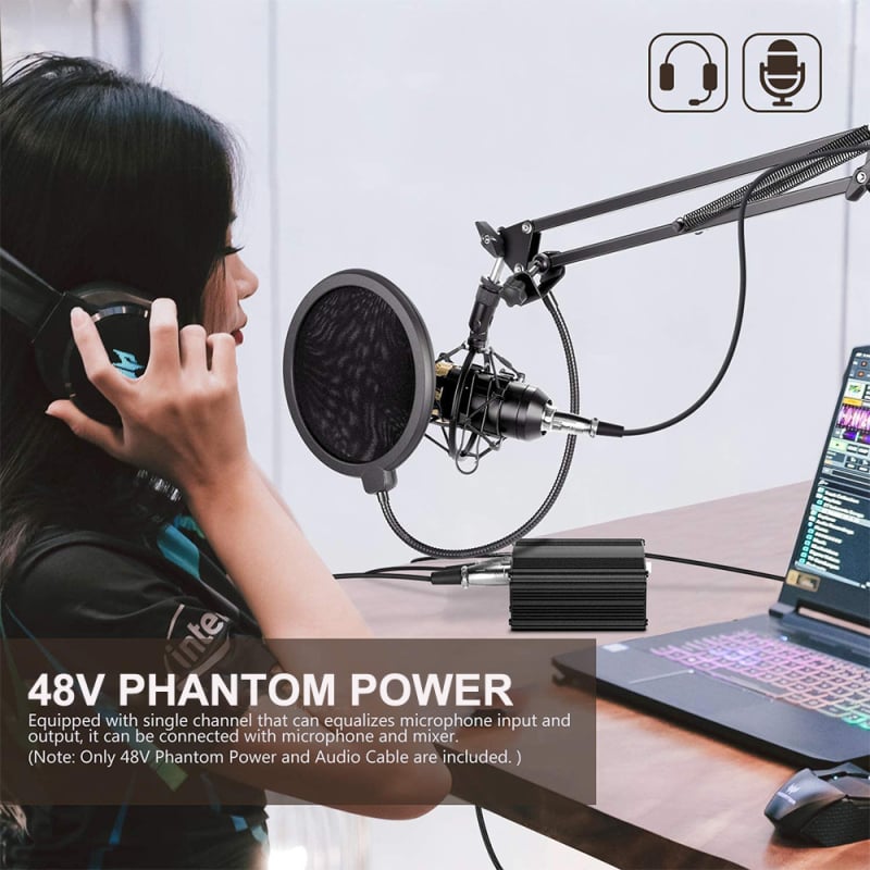 Kondenzatorski mikrofon s velikom membranom, napajanje 48V phantom, USB sučelje, kompatibilan sa zvučnom kartom, hiper-kardioidni obrazac