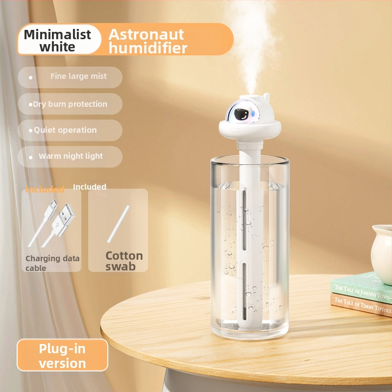Domáci tichý stolný zvlhčovač – pokrytie 21–30 m², nádrž 1,0–2,5 L, 1 výstup hmly, hluk 36–45 dB, napájanie USB / suchá batéria / vstavaný zdroj