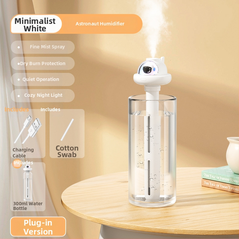 Domáci tichý stolný zvlhčovač – pokrytie 21–30 m², nádrž 1,0–2,5 L, 1 výstup hmly, hluk 36–45 dB, napájanie USB / suchá batéria / vstavaný zdroj