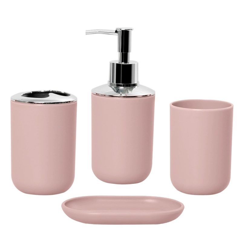 Plastični četverodijelni set za kupaonicu s čašom za ispiranje usta i dodacima za četkicu za zube – moguć tisak logotipa, pogodno kao dar