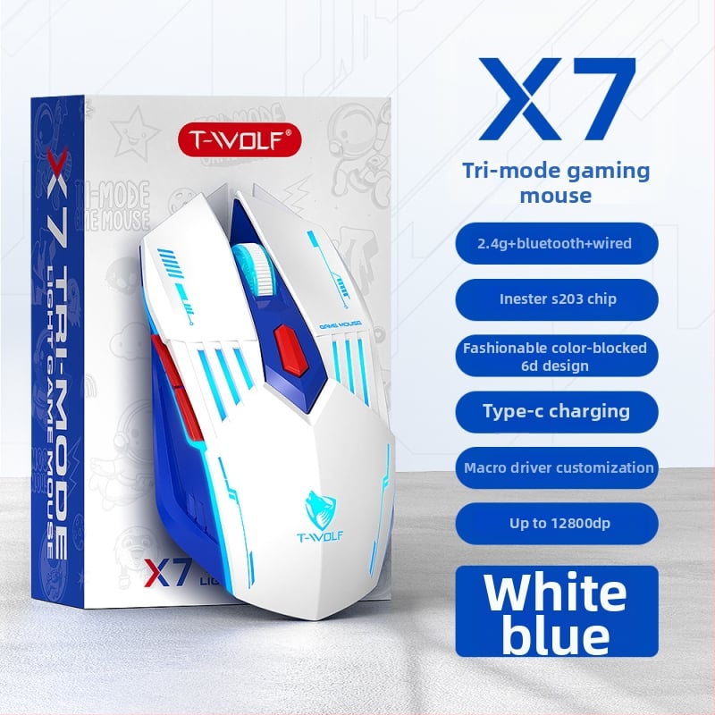 T-wolf X7 mouse de gaming wireless, cu trei moduri (fără fir/Bluetooth), switch-uri mecanice, DPI până la 12800, 6 butoane