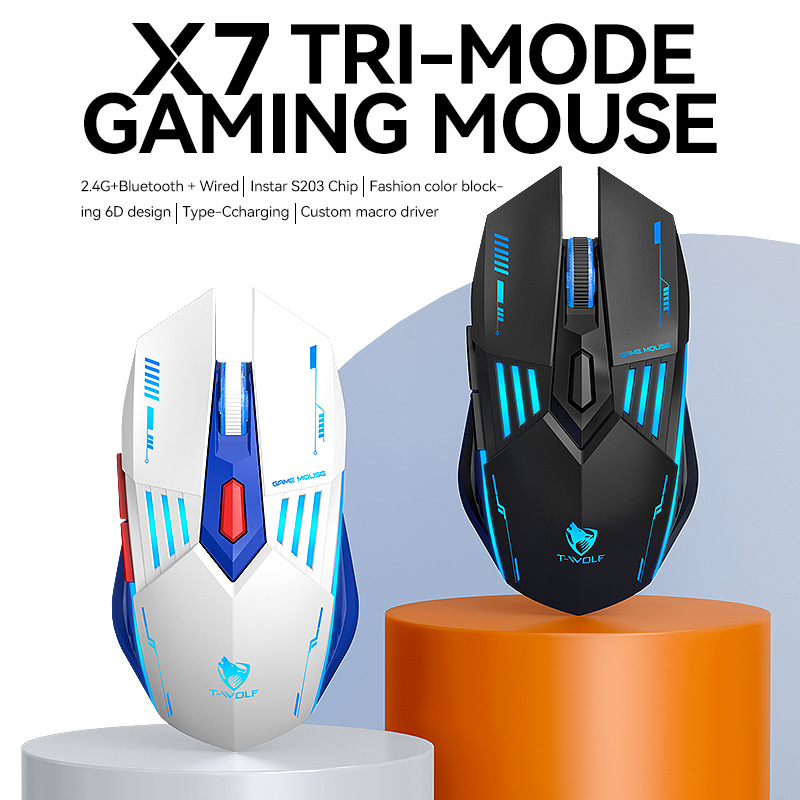 T-wolf X7 mouse de gaming wireless, cu trei moduri (fără fir/Bluetooth), switch-uri mecanice, DPI până la 12800, 6 butoane