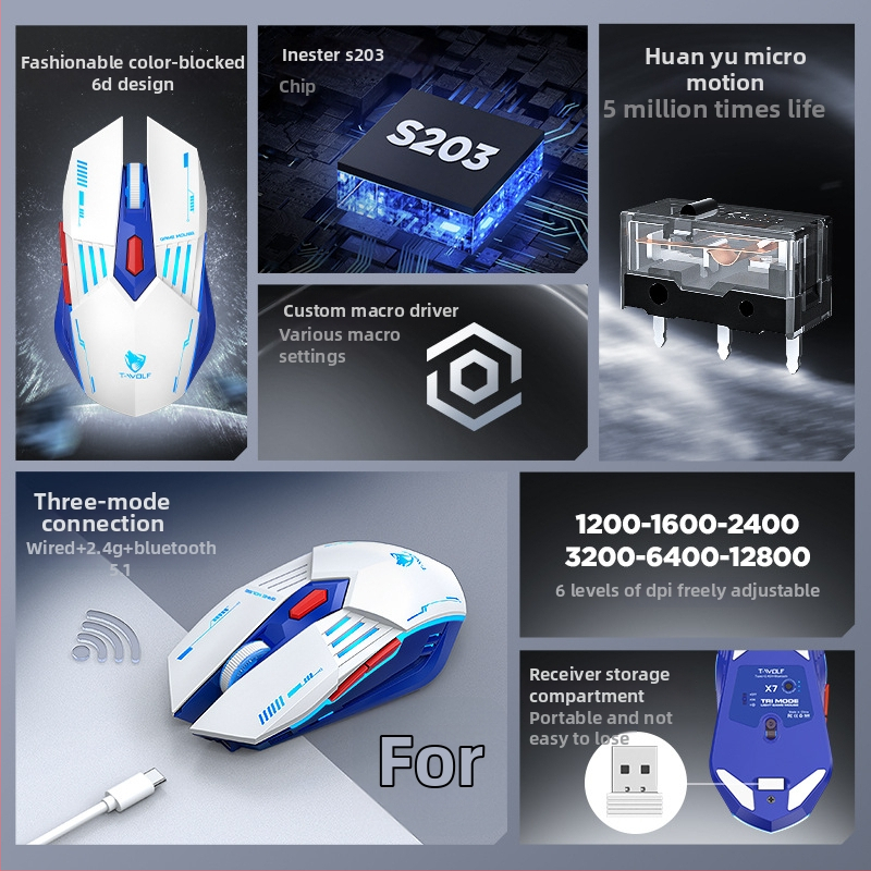 T-wolf X7 mouse de gaming wireless, cu trei moduri (fără fir/Bluetooth), switch-uri mecanice, DPI până la 12800, 6 butoane