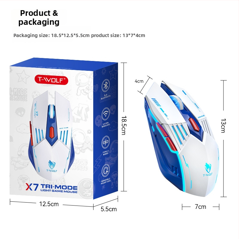 T-wolf X7 mouse de gaming wireless, cu trei moduri (fără fir/Bluetooth), switch-uri mecanice, DPI până la 12800, 6 butoane
