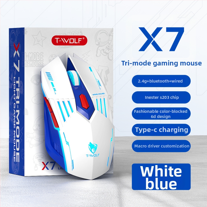 T-wolf X7 mouse de gaming wireless, cu trei moduri (fără fir/Bluetooth), switch-uri mecanice, DPI până la 12800, 6 butoane