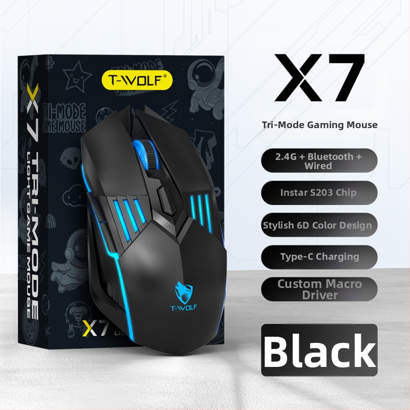 T-wolf X7 mouse de gaming wireless, cu trei moduri (fără fir/Bluetooth), switch-uri mecanice, DPI până la 12800, 6 butoane